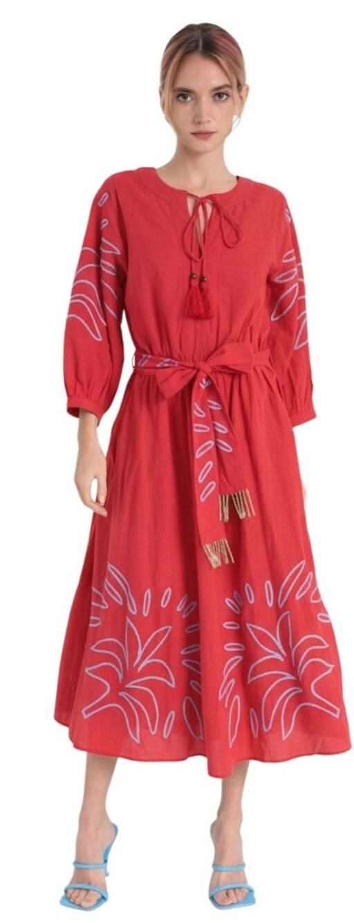 CIEBON $268 ELIZA Embroidered A-Line Red Midi Dress Size S